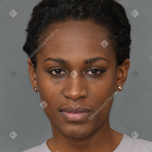 Neutral black young-adult female with short  black hair and brown eyes