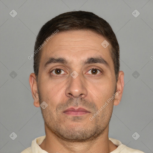 Neutral white adult male with short  brown hair and brown eyes