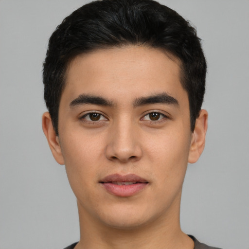 Neutral latino young-adult male with short  black hair and brown eyes