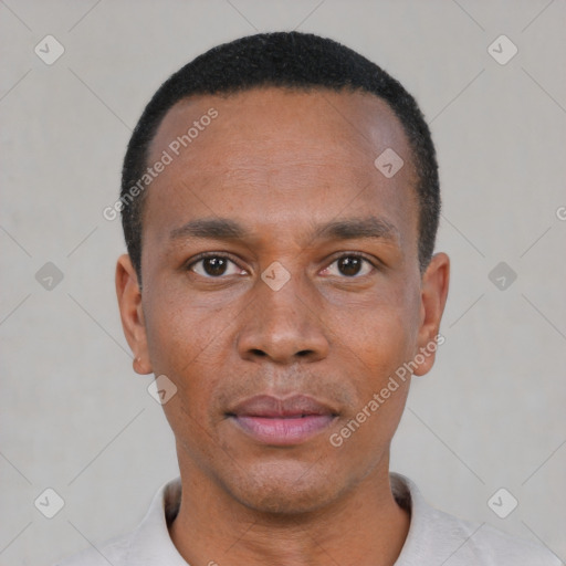 Neutral black young-adult male with short  black hair and brown eyes