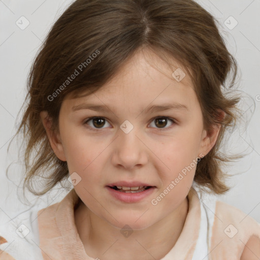 Joyful white child female with medium  brown hair and brown eyes