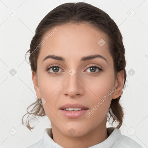 Neutral white young-adult female with medium  brown hair and brown eyes