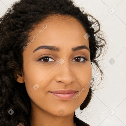 Joyful latino young-adult female with long  brown hair and brown eyes