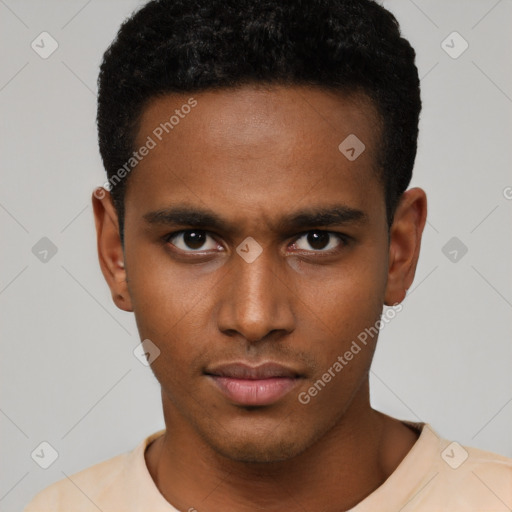 Neutral black young-adult male with short  black hair and brown eyes