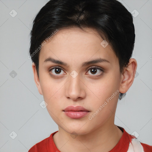 Neutral white young-adult female with short  brown hair and brown eyes