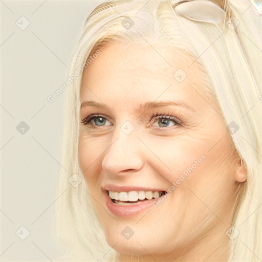 Joyful white young-adult female with long  brown hair and blue eyes