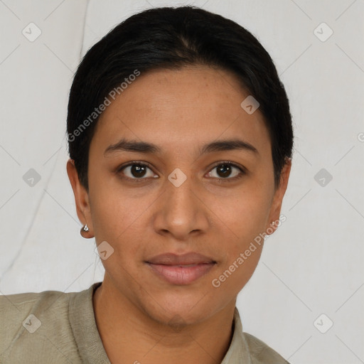 Joyful latino young-adult female with short  brown hair and brown eyes