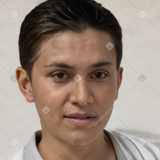 Joyful white young-adult female with short  brown hair and brown eyes