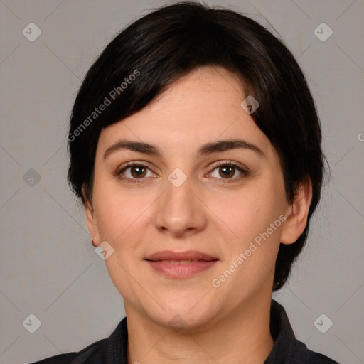 Joyful white young-adult female with medium  black hair and brown eyes