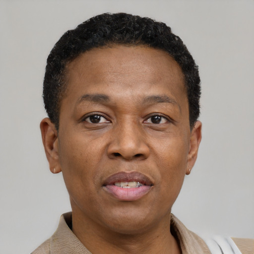 Joyful black adult male with short  brown hair and brown eyes