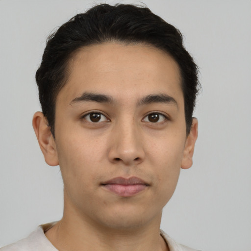 Neutral asian young-adult male with short  brown hair and brown eyes