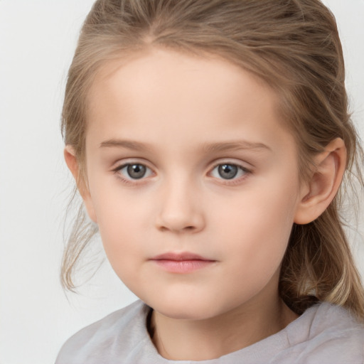 Neutral white child female with medium  brown hair and grey eyes