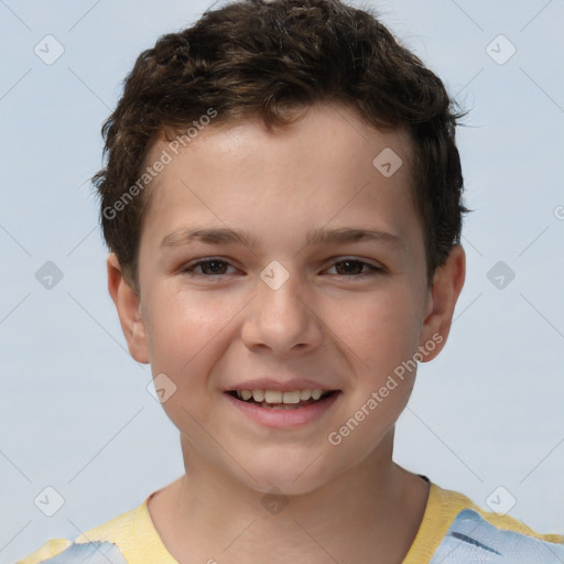 Joyful white child male with short  brown hair and brown eyes