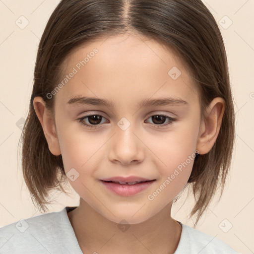 Joyful white child female with medium  brown hair and brown eyes