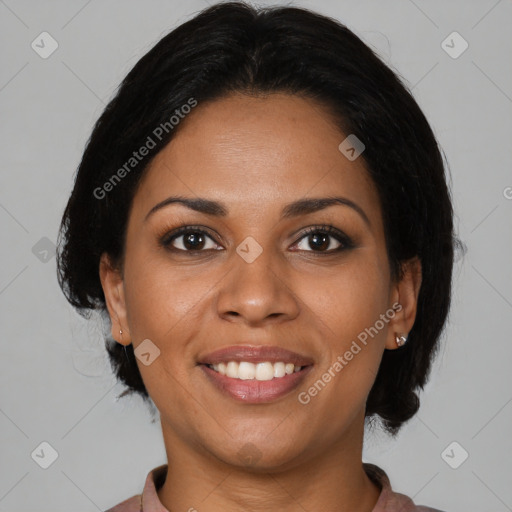 Joyful black young-adult female with medium  brown hair and brown eyes