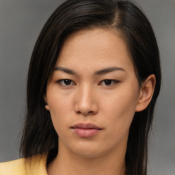 Neutral asian young-adult female with long  brown hair and brown eyes