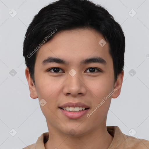 Joyful asian young-adult male with short  black hair and brown eyes