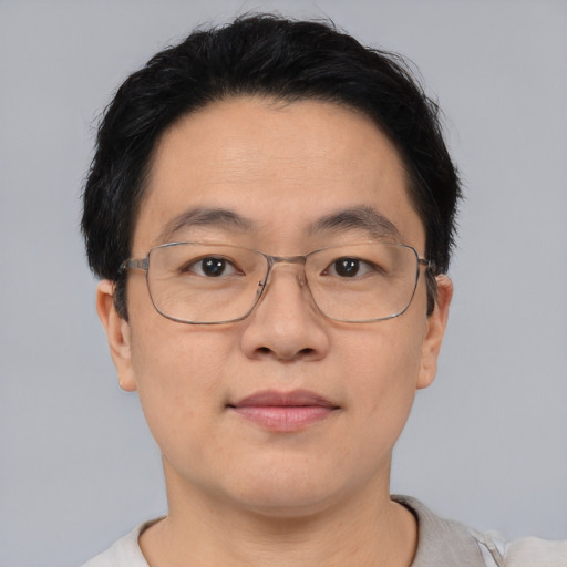 Neutral asian adult male with short  brown hair and brown eyes