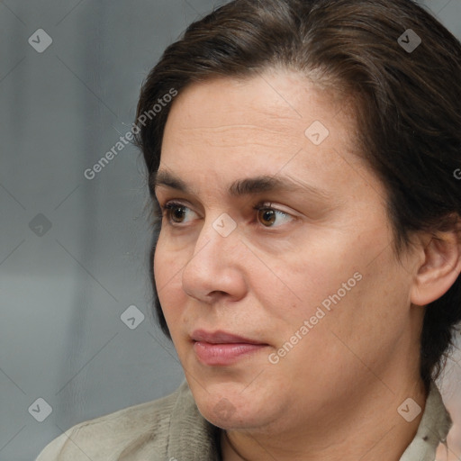 Neutral white adult female with medium  brown hair and brown eyes