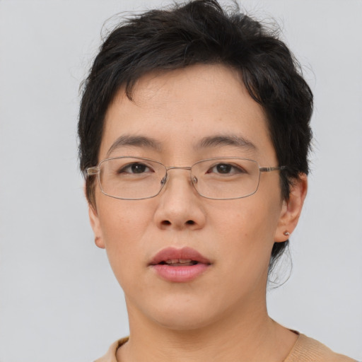 Neutral white young-adult female with short  brown hair and brown eyes