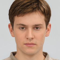 Neutral white young-adult male with short  brown hair and grey eyes