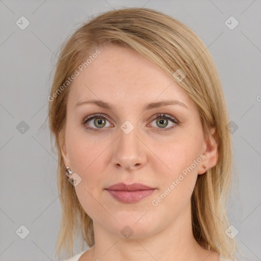 Joyful white young-adult female with medium  brown hair and grey eyes