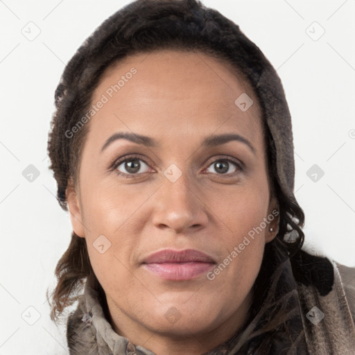 Joyful white adult female with long  brown hair and brown eyes