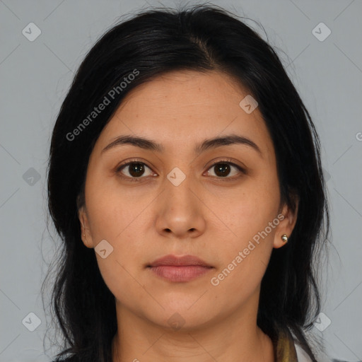 Neutral asian young-adult female with medium  black hair and brown eyes