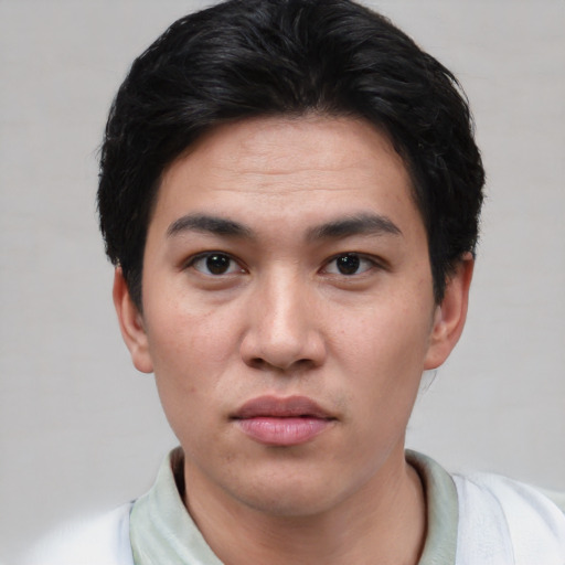 Neutral asian young-adult male with short  black hair and brown eyes