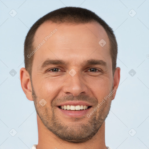 Joyful white young-adult male with short  brown hair and brown eyes