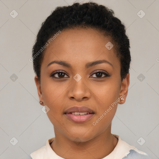 Neutral black young-adult female with short  black hair and brown eyes