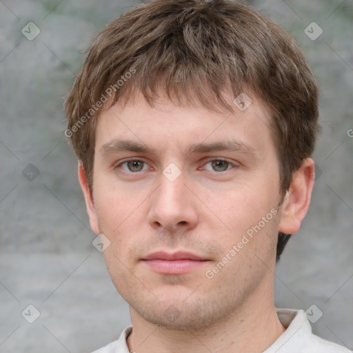 Neutral white young-adult male with short  brown hair and grey eyes