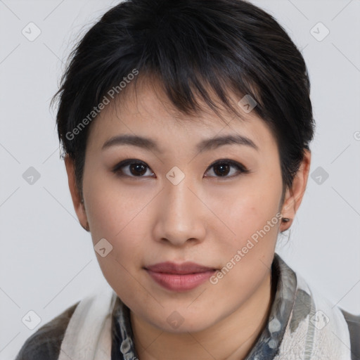 Neutral asian young-adult female with medium  brown hair and brown eyes