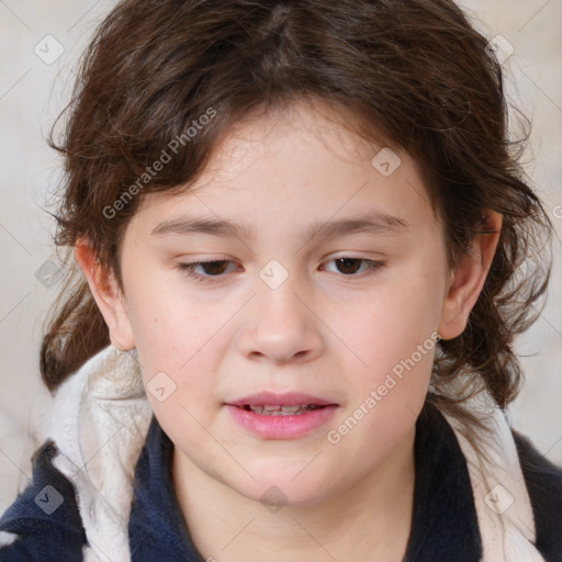 Joyful white child female with medium  brown hair and brown eyes