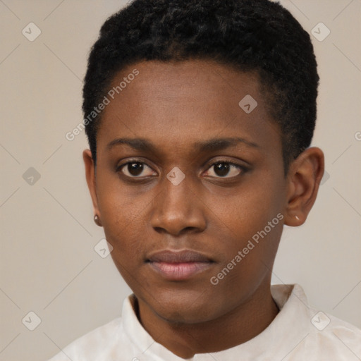 Neutral black young-adult female with short  black hair and brown eyes