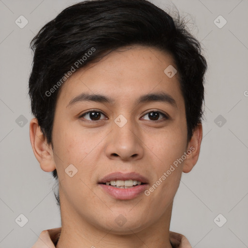 Joyful asian young-adult male with short  brown hair and brown eyes