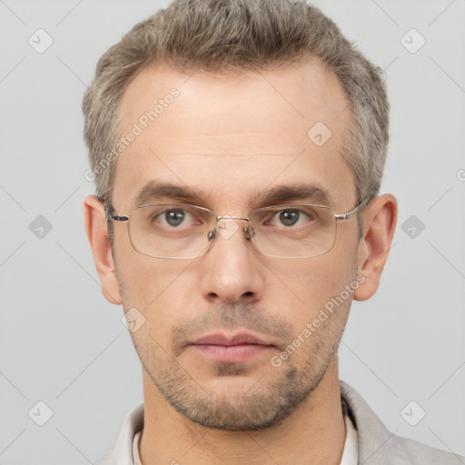 Neutral white adult male with short  brown hair and brown eyes