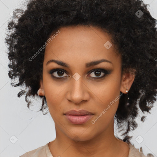 Joyful black young-adult female with medium  brown hair and brown eyes