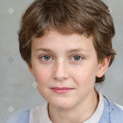 Joyful white child female with medium  brown hair and grey eyes