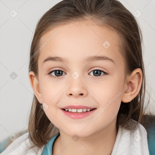 Joyful white child female with medium  brown hair and brown eyes