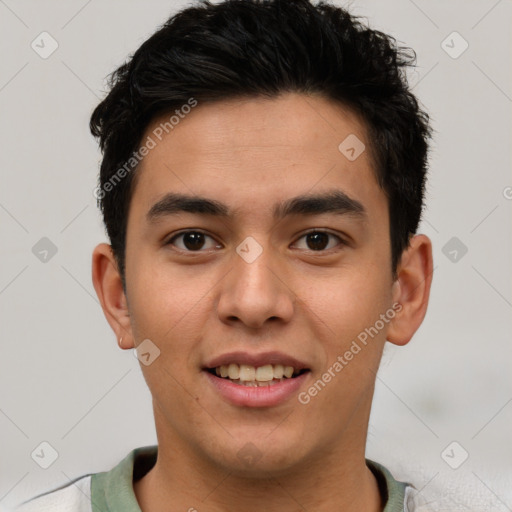 Joyful latino young-adult male with short  brown hair and brown eyes