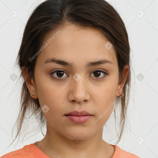 Neutral white young-adult female with medium  brown hair and brown eyes