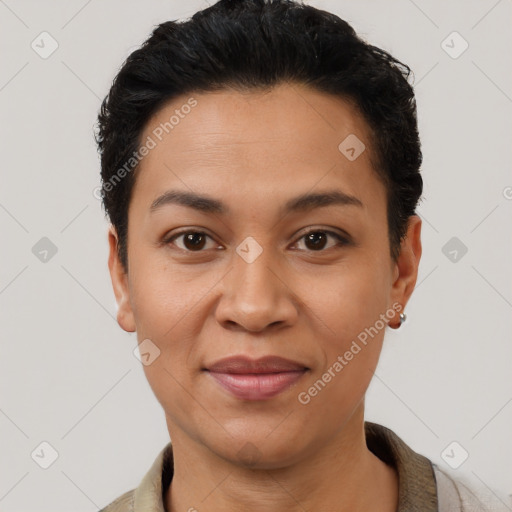 Joyful latino young-adult female with short  black hair and brown eyes