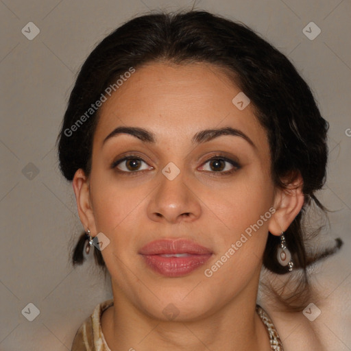 Joyful latino young-adult female with medium  brown hair and brown eyes