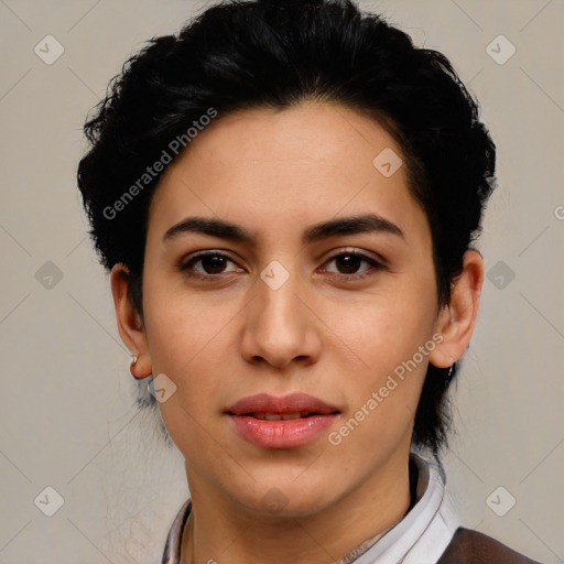 Neutral latino young-adult female with short  black hair and brown eyes