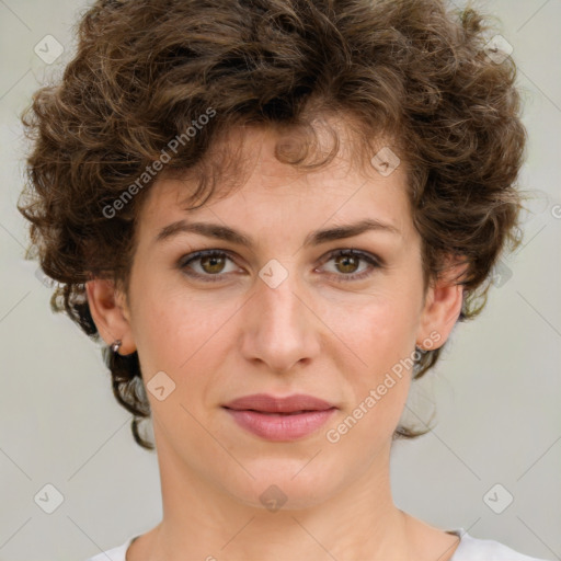 Joyful white young-adult female with medium  brown hair and green eyes