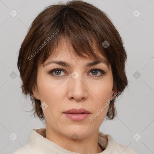 Neutral white young-adult female with medium  brown hair and brown eyes