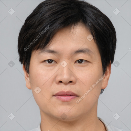 Neutral asian young-adult male with short  black hair and brown eyes