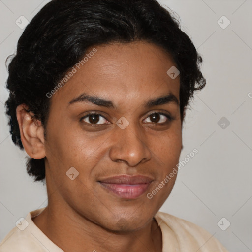 Joyful latino adult female with short  brown hair and brown eyes