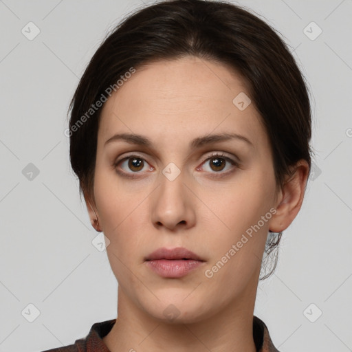 Neutral white young-adult female with medium  brown hair and brown eyes